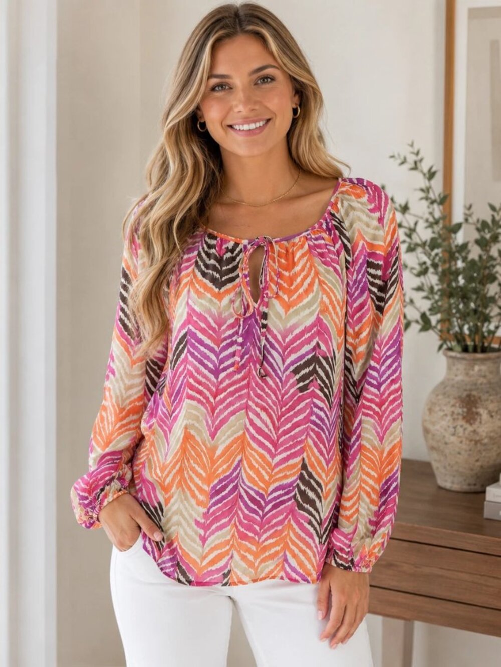 TRINA Turk  Pink, Orange & Brown Printed Peasant Blouse Size S